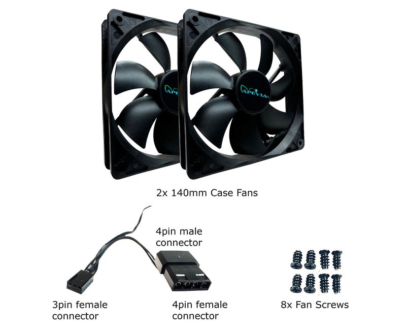 APEVIA مروحة صندوق صامتة سوداء APEVIA CF214S-BK بحجم 140 مم 4 دبابيس Molex و 3 دبابيس للوحة الأم (عبوة من 2)  - Image 4